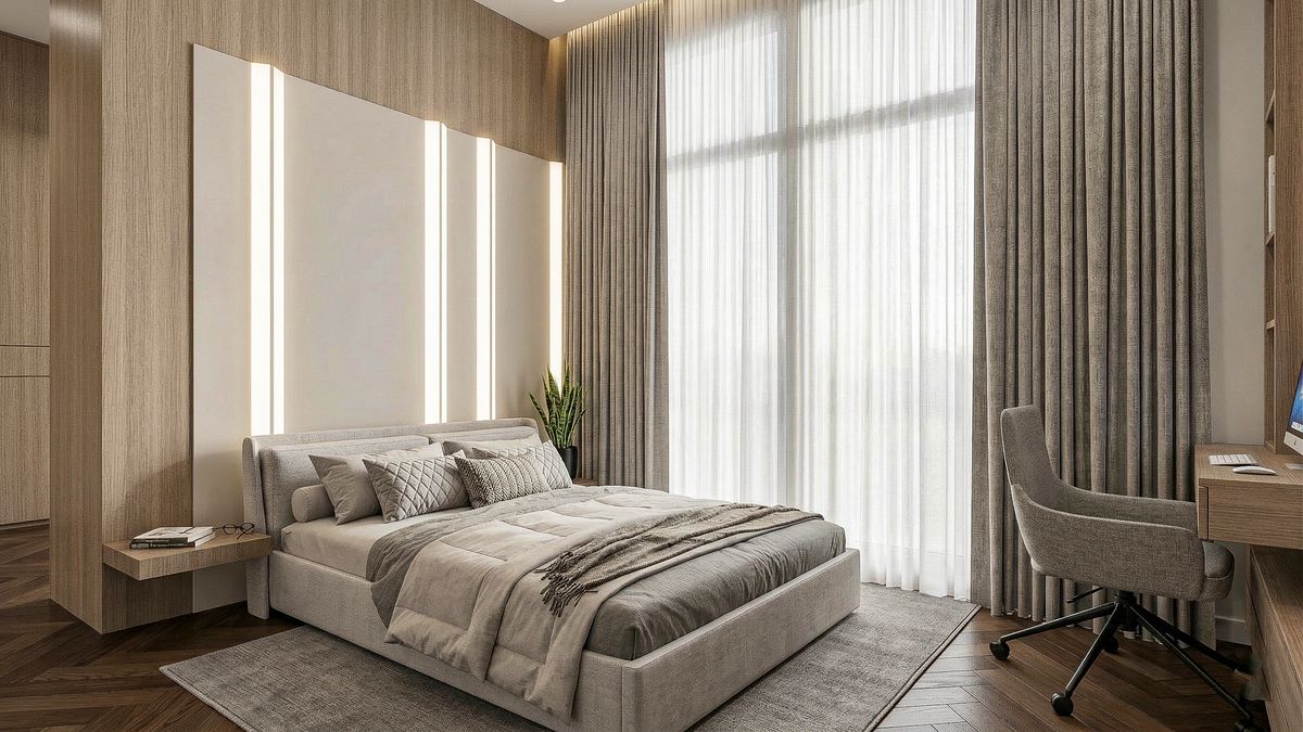 Neutral luxury suite with layered natural materials