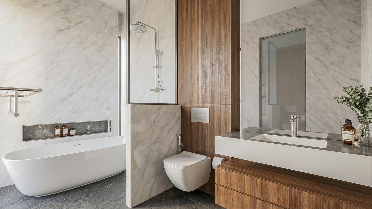 Marble bathroom with sculptural bath and bronze details