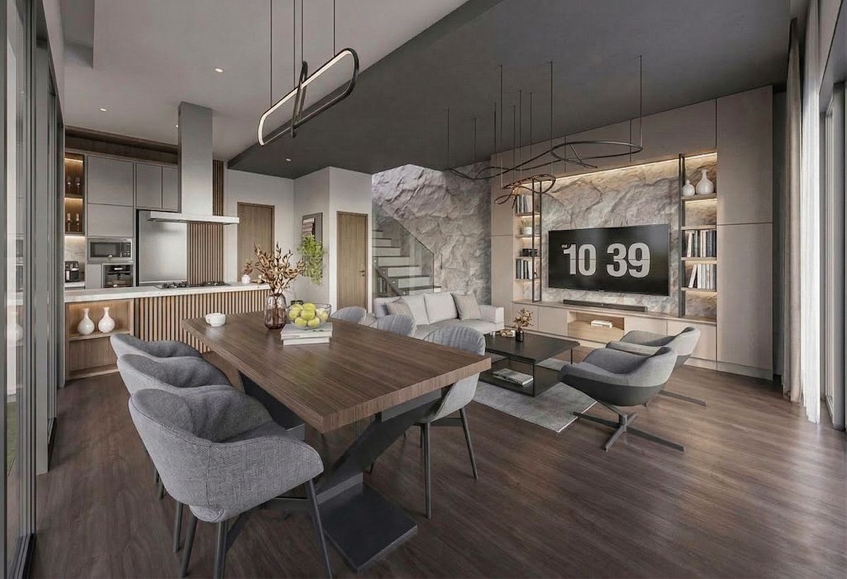 A softly lit living room with a sculptural sofa and natural materials