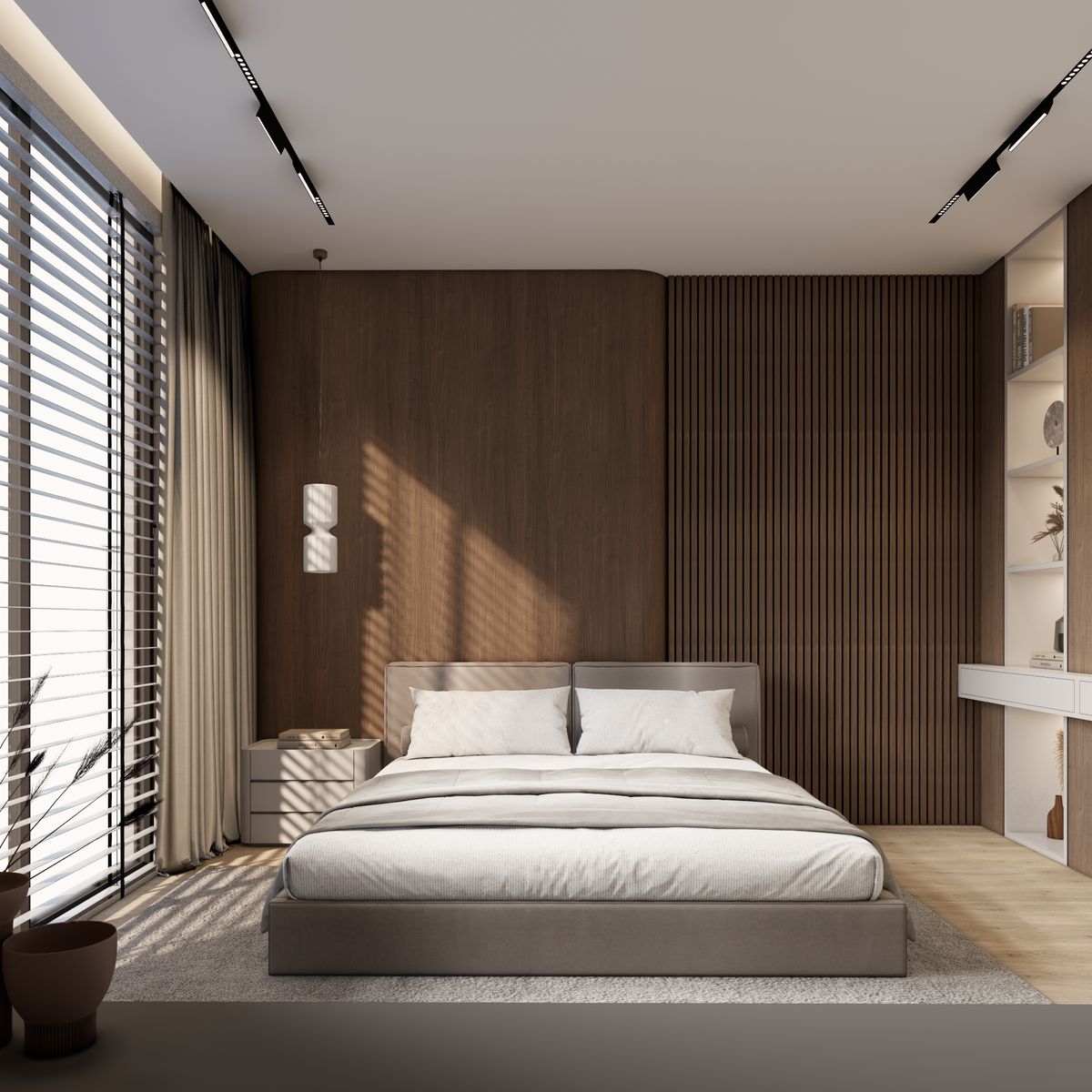 Tropical bedroom with warm wood and filtered daylight