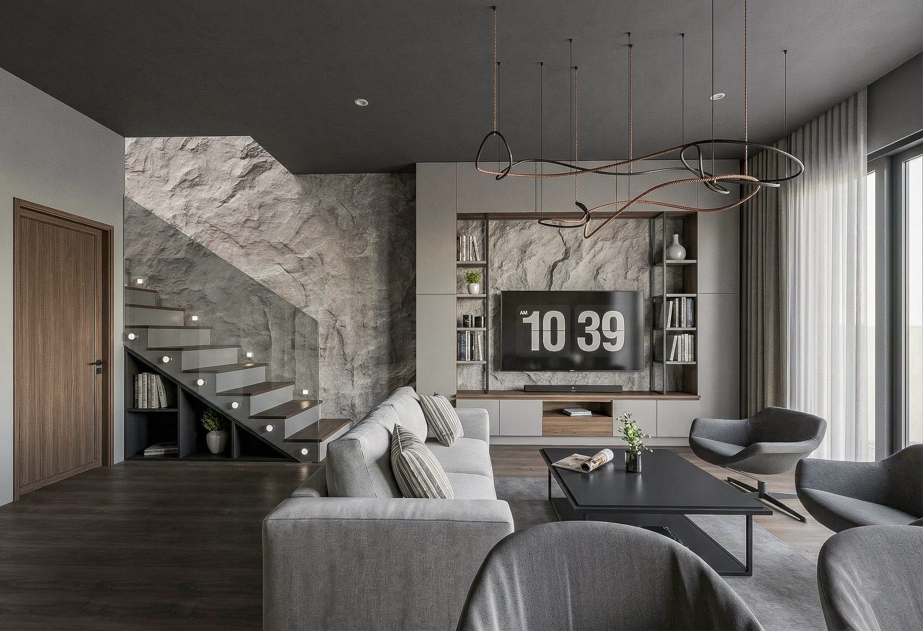Modern minimalist residence with stone, dark timber, and open living spaces