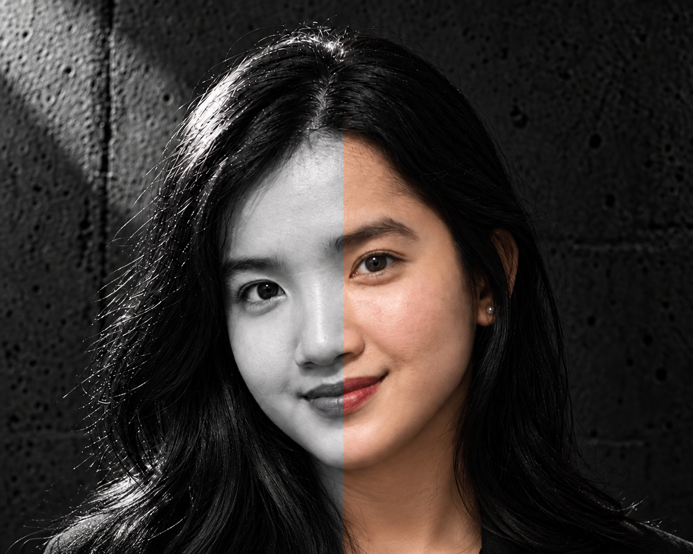 Audina, the soul of space, in a portrait split between monochrome and warm natural colour