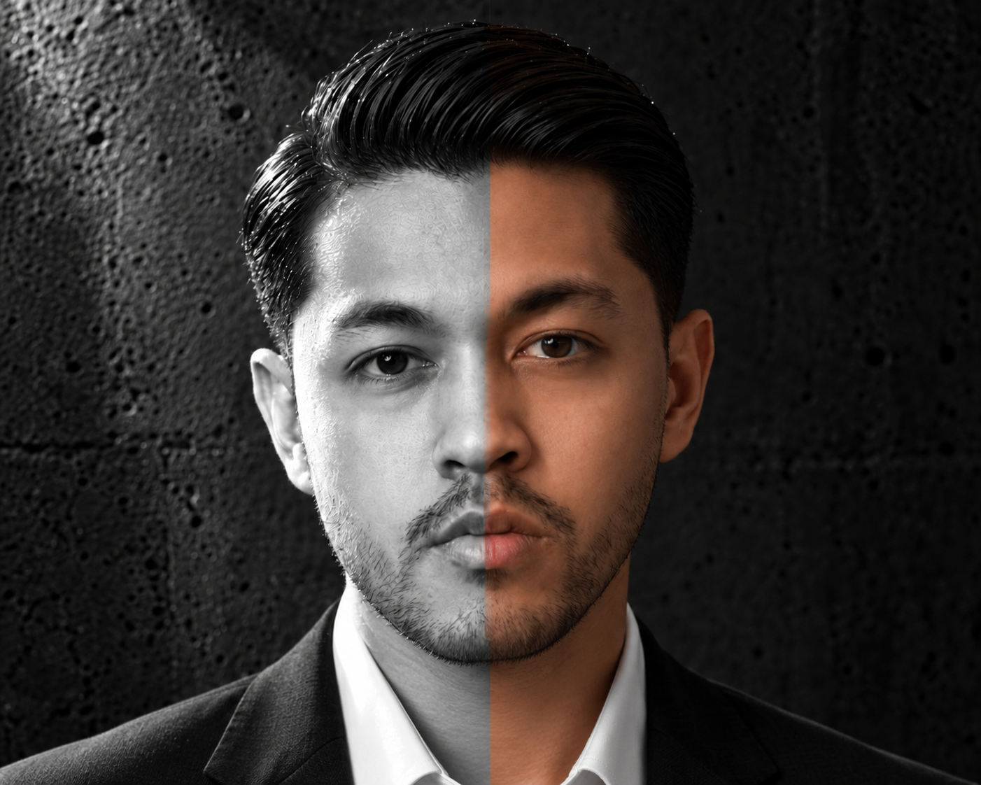 Daffa, architect of form, in a portrait split between monochrome and warm natural colour