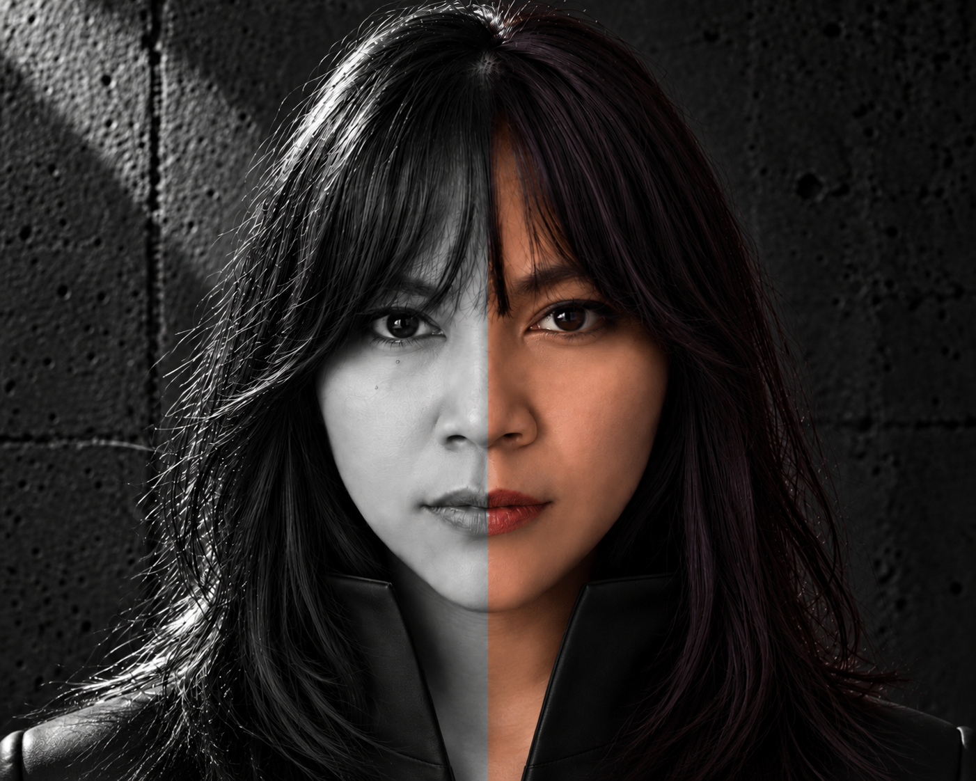 Josephine, founder and CEO, in a portrait split between monochrome and warm natural colour