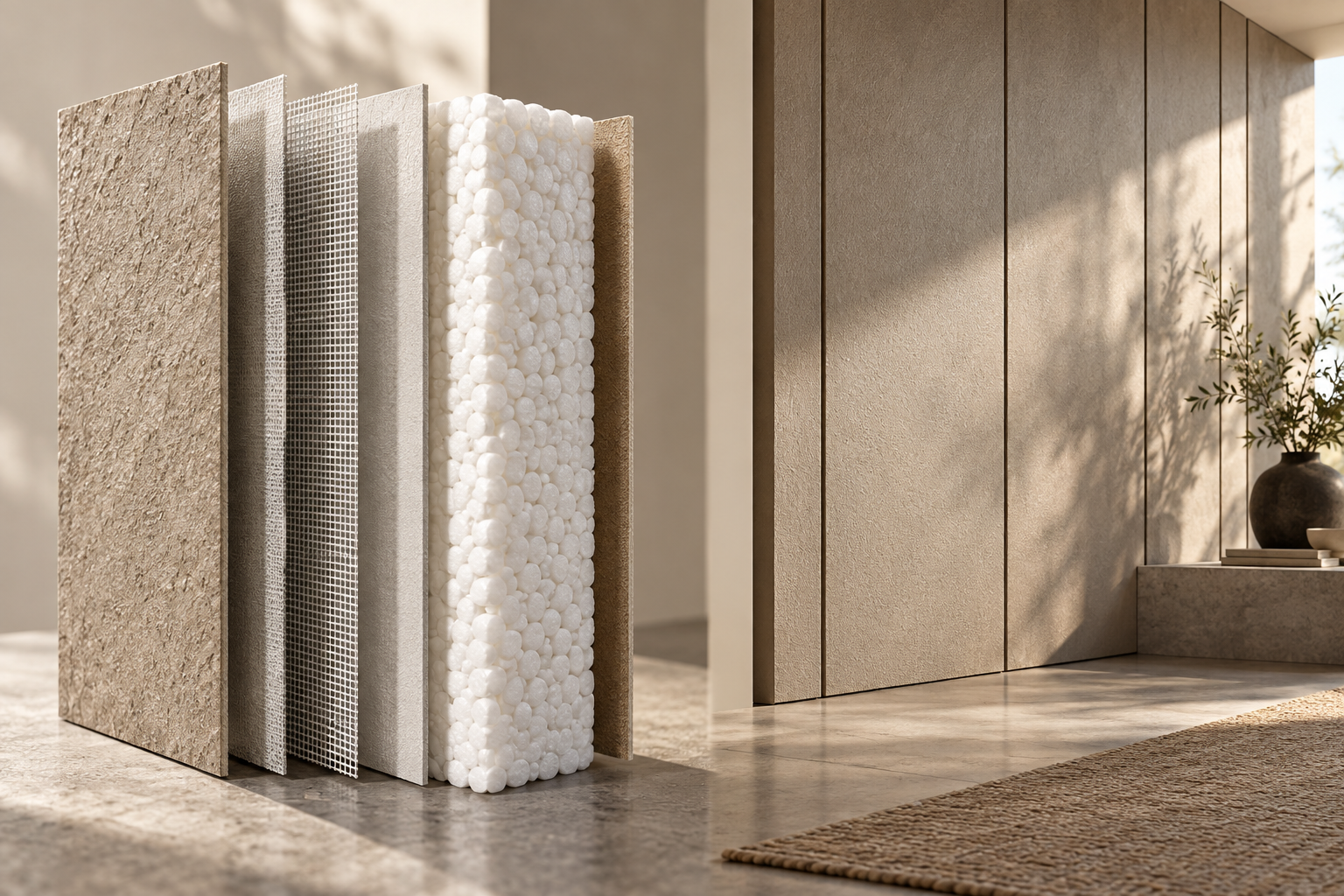 Illustrative exploded interior panel showing a white expanded polystyrene bead core, separate finish layers and a completed modular wall